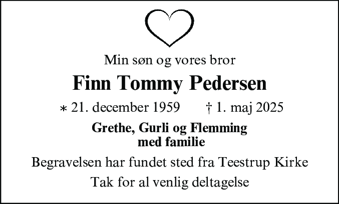 Dødsannonce for Finn Tommy Pedersen
