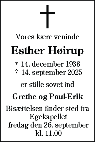 Dødsannonce for Esther Viola Høirup