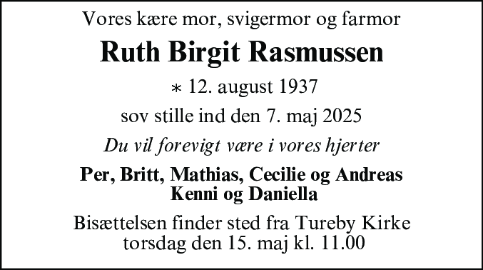 Dødsannonce for Ruth Birgit Rasmussen