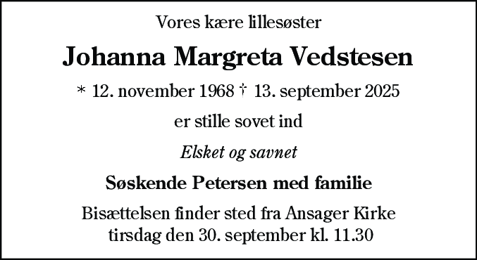 Dødsannonce for Johanna Margreta Vedstesen