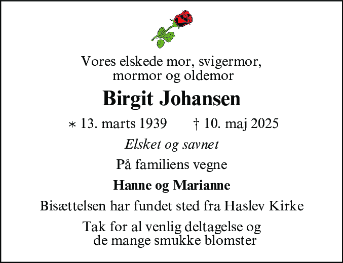 Dødsannonce for Birgit Johansen