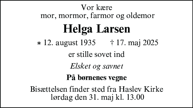 Dødsannonce for Helga Larsen