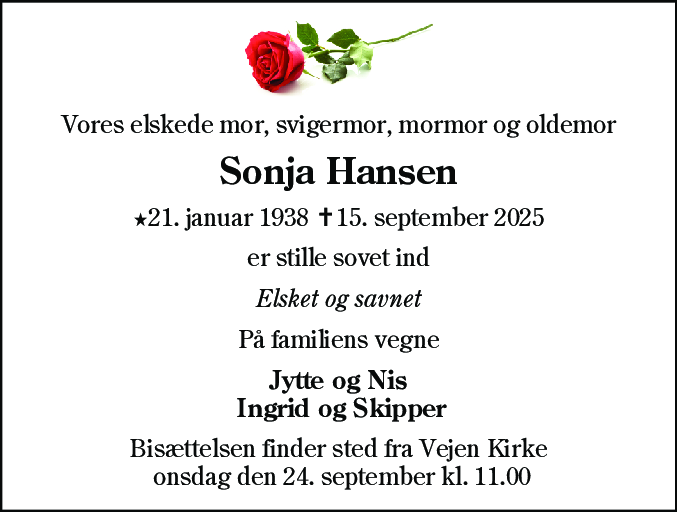 Dødsannonce for Sonja Hansen