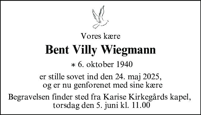 Dødsannonce for Bent Villy Wiegmann