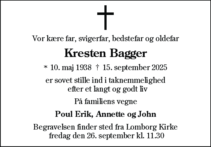 Dødsannonce for Kristen Kristiansen Bagger