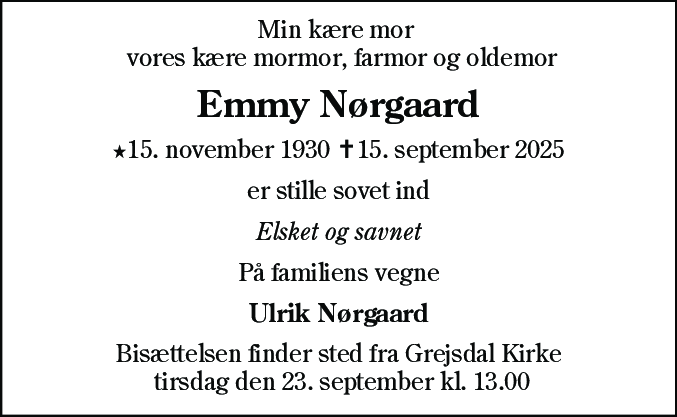 Dødsannonce for Emmy Lund Nørgaard