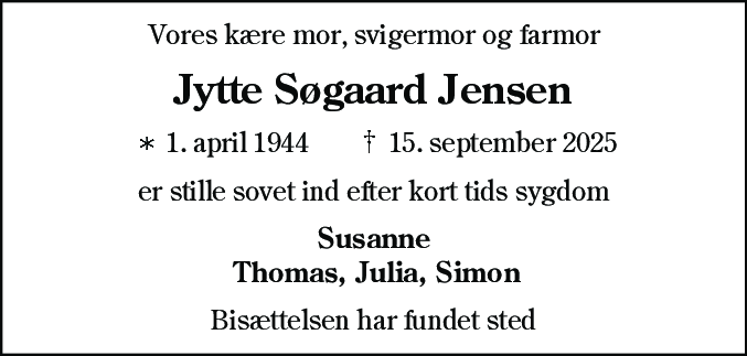 Dødsannonce for Jytte Søgaard Jensen