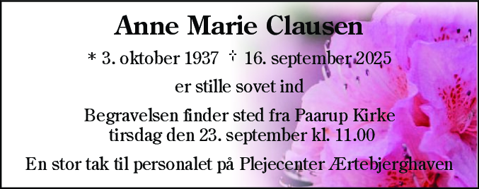 Dødsannonce for Anne Marie Clausen