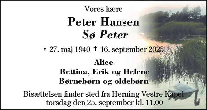 Dødsannonce for Peter Hansen