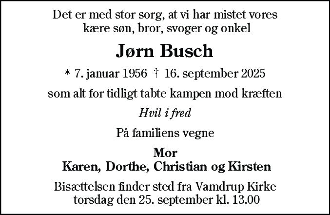 Dødsannonce for Jørn Busch