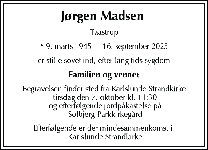 Dødsannonce for Jørgen Madsen