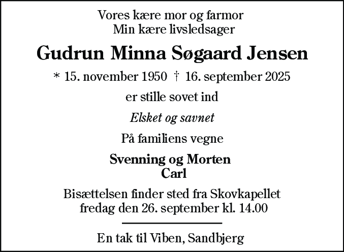 Dødsannonce for Gudrun Minna Søgaard Jensen