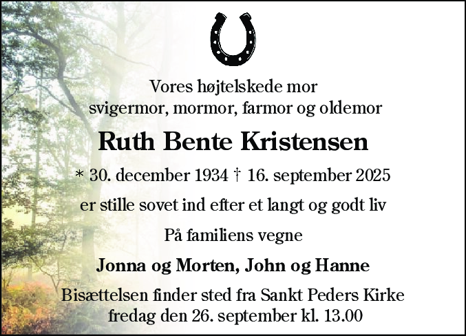 Dødsannonce for Ruth Bente Kristensen