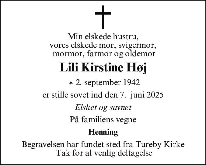 Dødsannonce for Lili Kirstine Høj