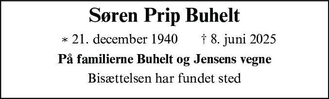 Dødsannonce for Søren Prip Buhelt
