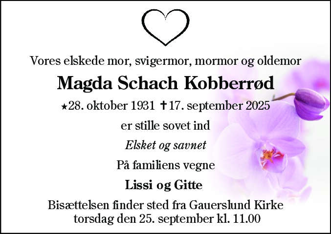 Dødsannonce for Magda Schach Kobberrød