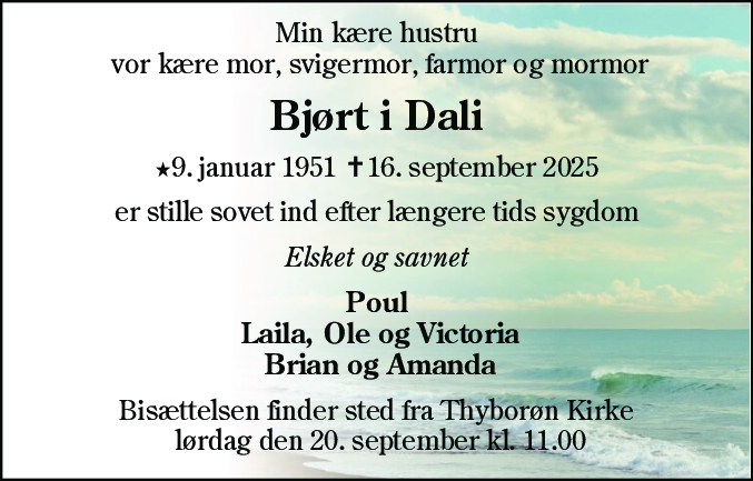 Dødsannonce for Bjørt I Dali