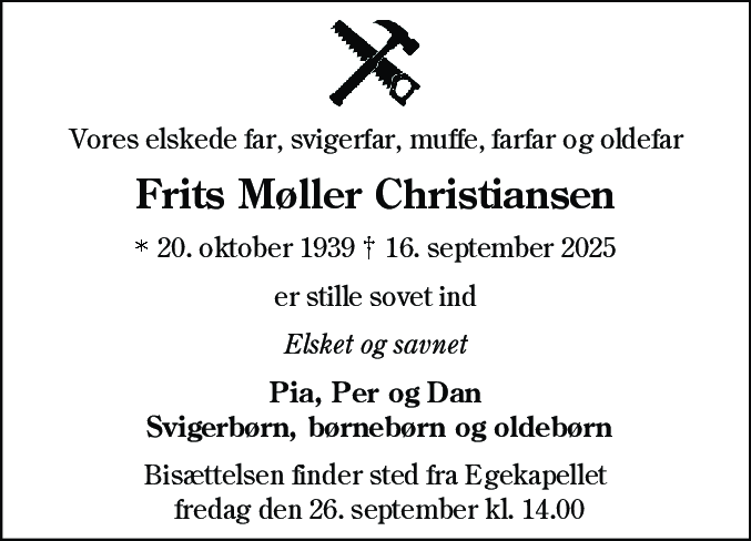 Dødsannonce for Frits Møller Christiansen