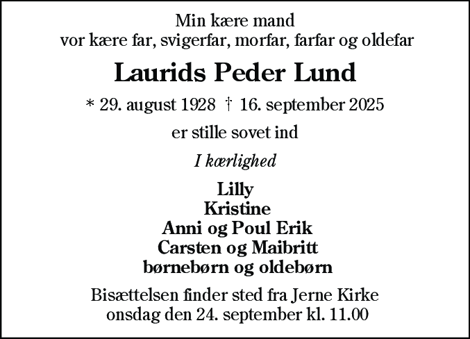 Dødsannonce for Laurids Peder Lund