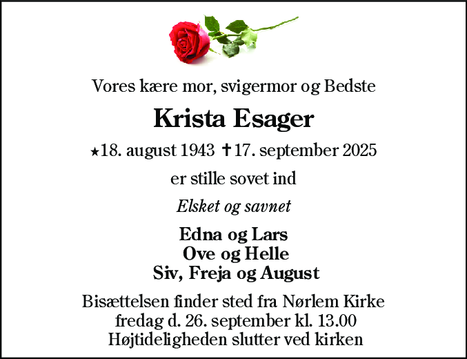 Dødsannonce for Krista Esager