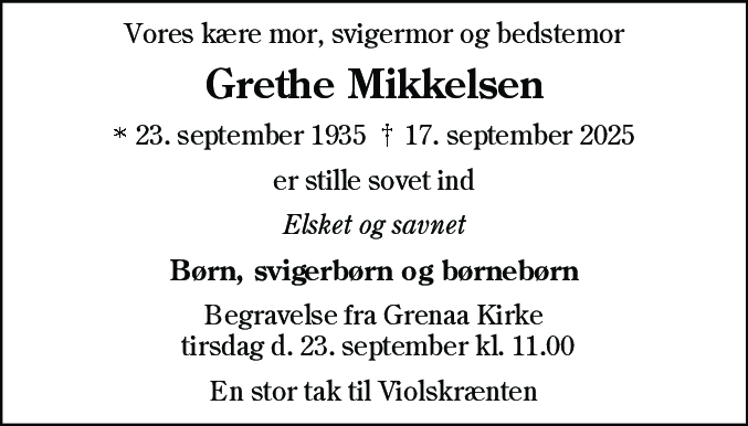 Dødsannonce for Grethe Mikkelsen