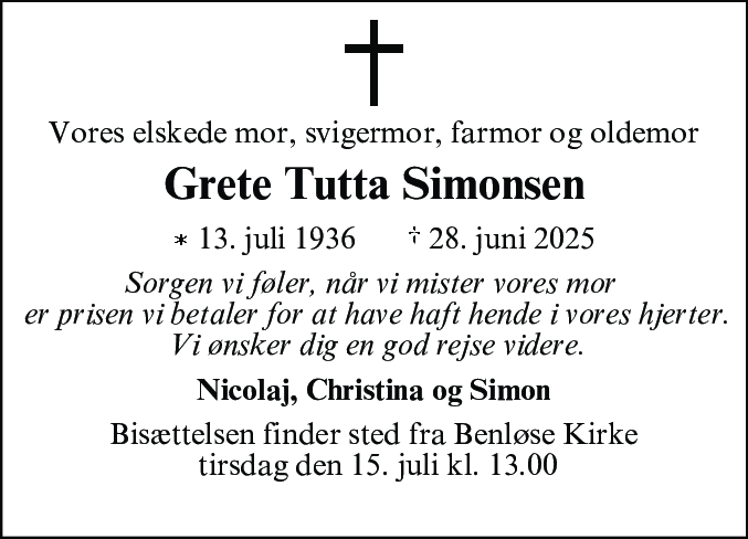 Dødsannonce for Grete Tutta Simonsen