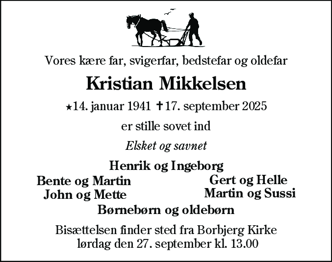 Dødsannonce for Kristian Mikkelsen