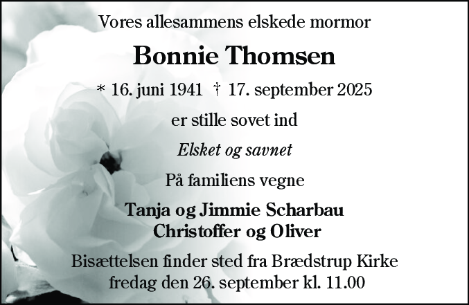 Dødsannonce for Bonnie Thomsen