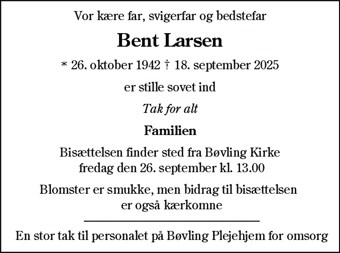 Dødsannonce for Bent Larsen