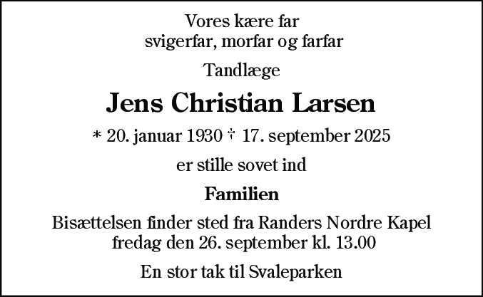 Dødsannonce for Jens Christian Larsen
