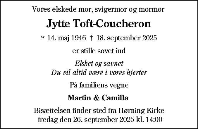 Dødsannonce for Jytte Toft-Coucheron