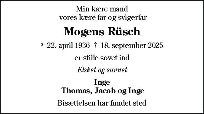 Dødsannonce for Mogens Rüsch