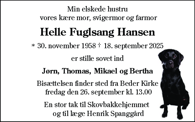 Dødsannonce for Helle Fuglsang Hansen