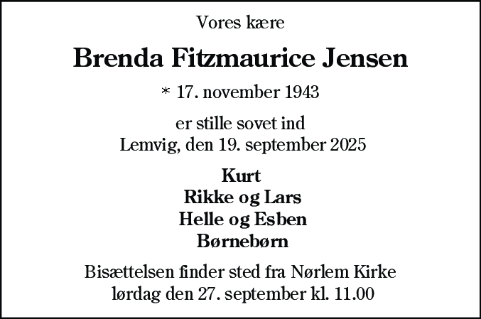 Dødsannonce for Brenda Fitzmaurice Jensen