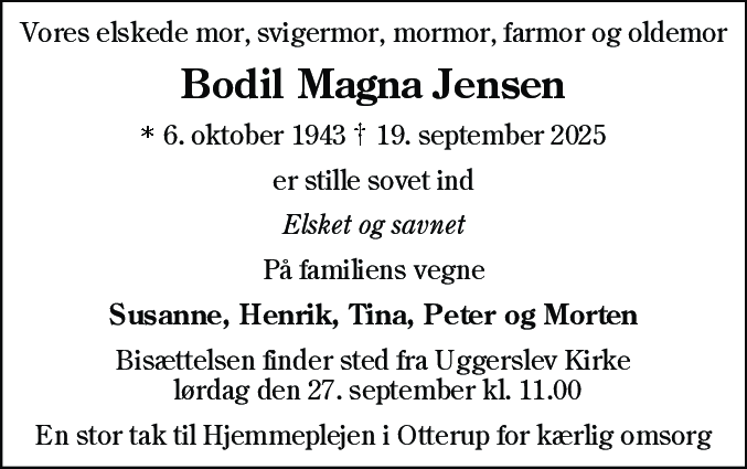 Dødsannonce for Bodil Magna Jensen