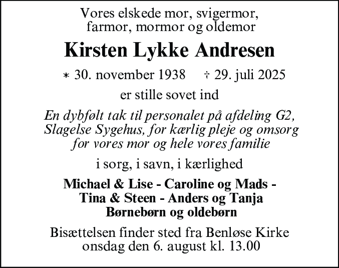 Dødsannonce for Kirsten Lykke Andresen