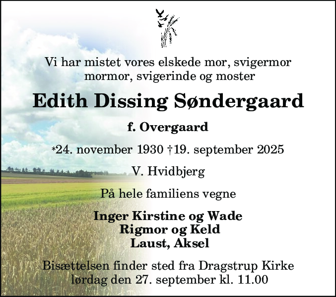 Dødsannonce for Edith Dissing Søndergaard