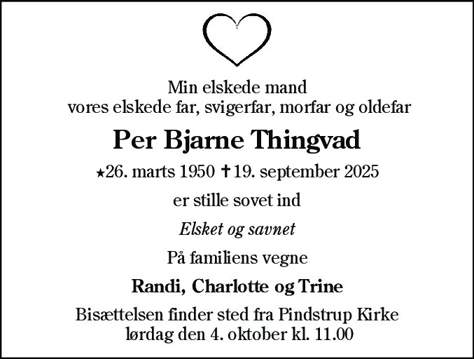 Dødsannonce for Per Bjarne Thingvad