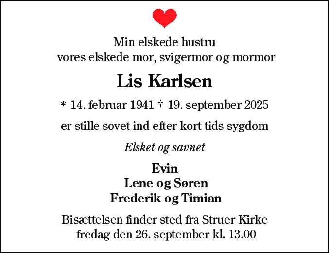 Dødsannonce for Lis Karlsen