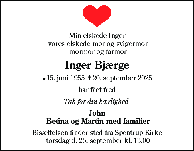 Dødsannonce for Inger Bjærge