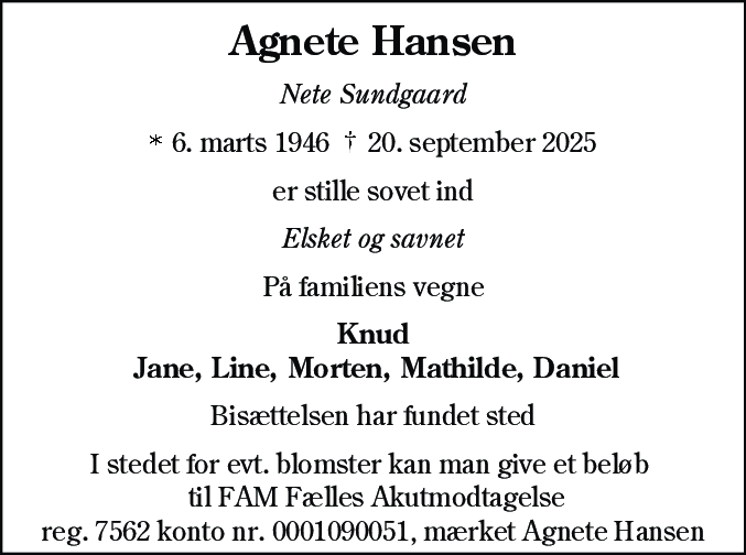 Dødsannonce for Agnete Hansen