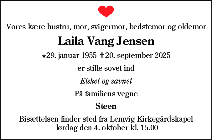 Dødsannonce for Laila Vang Jensen