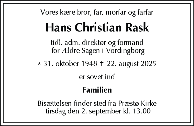 Dødsannonce for Hans Christian Rask