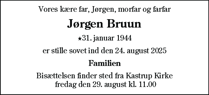 Dødsannonce for Jørgen Bruun