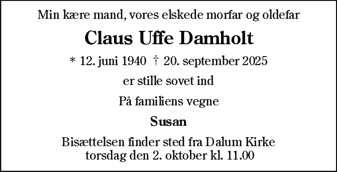 Dødsannonce for Claus Uffe Damholt
