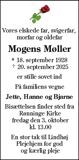 Dødsannonce for Mogens Møller
