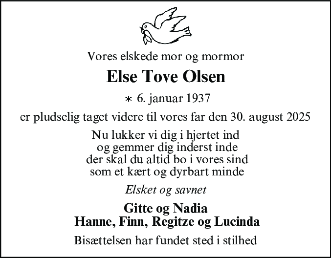 Dødsannonce for Else Tove Olsen