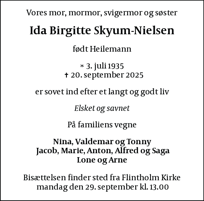 Dødsannonce for Ida Birgitte Skyum-Nielsen