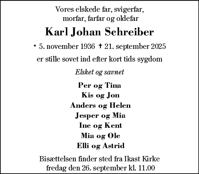 Dødsannonce for Karl Johan Schreiber