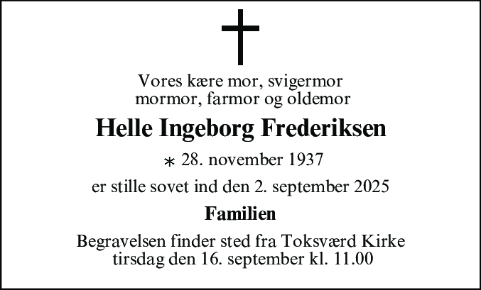 Dødsannonce for Helle Ingeborg Frederiksen